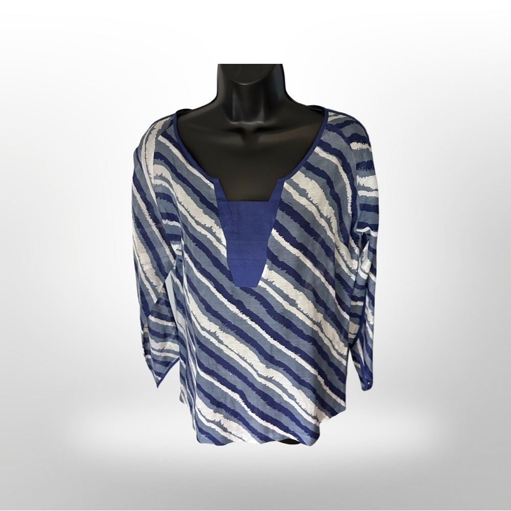 Herion Italy Sheer Blue White Diagonal Striped Tunic Blouse Size 40 (US 10) - Picture 3 of 7